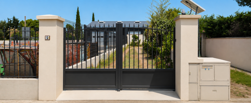 Installation d’un portail aluminium cintré à barreaudage et soubassement plein à Castillon-du-Gard pour sécuriser élégamment l’entrée résidentielle